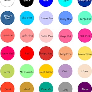 May include: A chart of 25 different color swatches with the name of each color written in black text. The colors include white, black, blue, cyan, navy blue, desert blue, sky blue, powder blue, baby blue, turquoise, tropical pink, soft pink, faded pink, deep pink, hot pink, neon red, red, poppy red, tangerine, lemon yellow, lime, mint green, deep yellow, violet, linen, coral, gold, emerald, gray, and plum. The text at the top of the chart reads "Monogram Colors". The text at the bottom of the chart reads "Colors may vary by monitor settings".