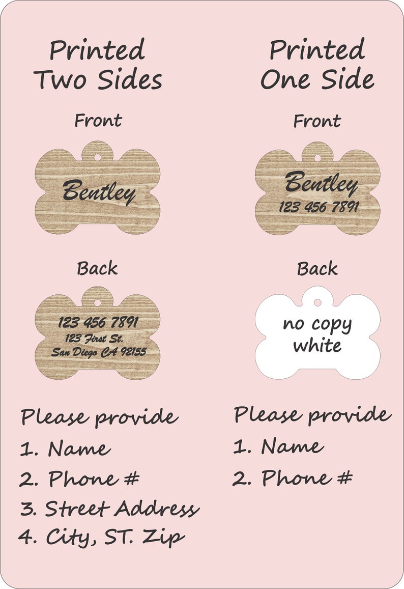 Personalized Pet Tag for Dog Cat Bone Oval Heart Shaped Custom Pet ID Tag Two sided or One Side Flowers on wood