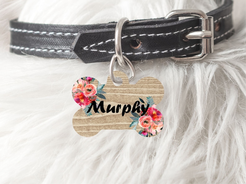 Personalized Pet Tag for Dog Cat Bone Oval Heart Shaped Custom Pet ID Tag Two sided or One Side Flowers on wood