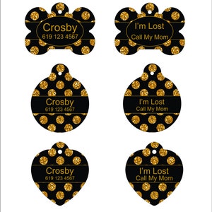Personalized Dog Tag Cat Tag Bone Oval Heart Shaped Custom Pet ID Tag Two sided  or One Side Flowers Gold Glitter Dots NOT Real Glitter