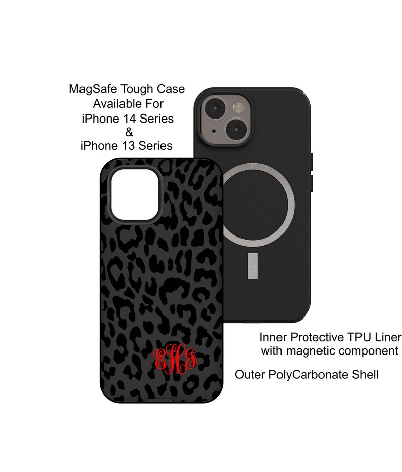 May include: Black phone case with a leopard print design and a red monogram. The case is compatible with iPhone 13 and 14 series and has a built-in MagSafe ring.