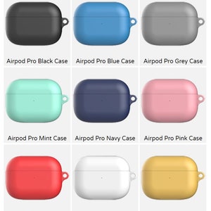 May include: Nine different colored silicone cases for Airpod Pro headphones. The cases are in black, blue, grey, mint, navy, pink, red, white, and yellow.