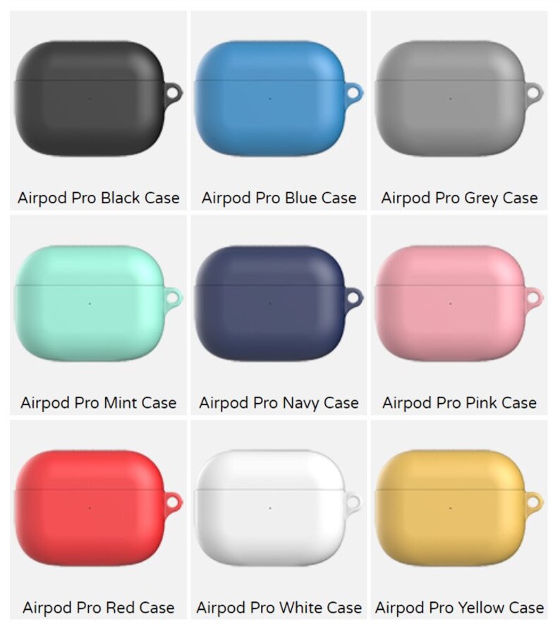 May include: Nine different colored silicone cases for Airpod Pro headphones. The cases are in black, blue, grey, mint, navy, pink, red, white, and yellow.