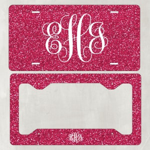 Monogram License Plate Hot Pink Glitter NOT REAL GLITTER Matching Key Chain - Personalized - Licence Tag - Custom License Frame Car Tag