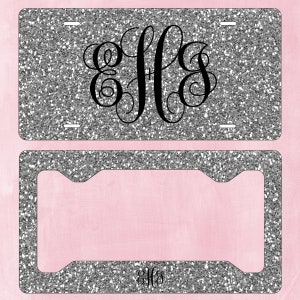 Monogram License Plate Silver Glitter NOT REAL GLITTER Black Matching Key Chain - Personalized - Licence Tag - Custom License Frame Car Tag