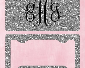 Monogram License Plate Silver Glitter NOT REAL GLITTER Black Matching Key Chain - Personalized - Licence Tag - Custom License Frame Car Tag