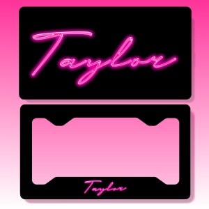 High Gloss Hot Pink Neon look glow effect Personalized Name License Plate on Black Matching Key Chain - Custom Frame - Car Tag Vanity Plate