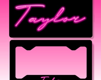 High Gloss Hot Pink Neon look glow effect Personalized Name License Plate on Black Matching Key Chain - Custom Frame - Car Tag Vanity Plate