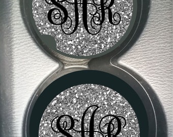 Custom Monogram Silver Glitter NOT REAL Glitter Sandstone Car Cup Holder Coaster Gift for Women Personalized