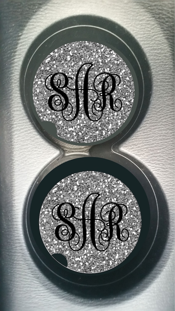 Custom Monogram Silver Glitter NOT REAL Glitter Sandstone Car Cup Holder  Coaster Gift for Women Personalized 