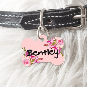 Personalized Pet Tag for Dog Cat Bone Oval Heart Shaped Custom Pet ID Tag Two sided  or One Side Flowers Soft Pink