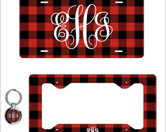 Red Buffalo Plaid Monogram License Plate with Matching Key Chain - Personalized License - Licence Tag - Custom  Frame - Car Tag - Vanity