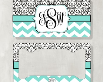 Monogram License Plate Matching Key Chain - Turquoise Chevron Black Damask Personalized - Licence Tag - Custom Frame - Car Tag -Vanity Plate