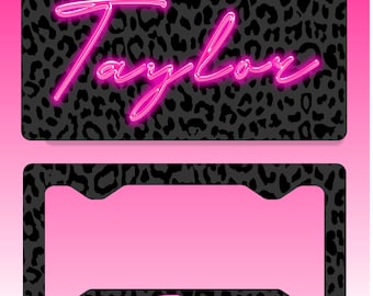 Black Leopard High Gloss Hot Pink Neon  glow effect Personalized Name License Plate Matching Key Chain Custom Frame Car Tag Vanity Plate