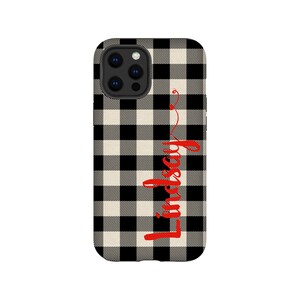 May include: Black and white buffalo plaid phone case with the name "Lindsay" in red script.