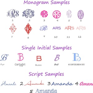 May include: A chart showing different monogram and single initial font styles. The monogram styles include a variety of font styles, including script, block, and bold. The single initial styles include script, curly girl, block, bold, and contemporary. The chart also includes a section for script samples, showing different ways to write the name "Amanda" in script.
