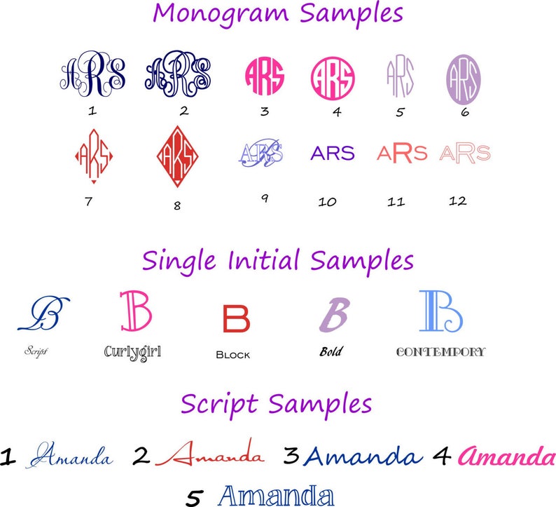 May include: A chart showing different monogram and single initial font styles. The monogram styles include a variety of font styles, including script, block, and bold. The single initial styles include script, curly girl, block, bold, and contemporary. The chart also includes a section for script samples, showing different ways to write the name "Amanda" in script.