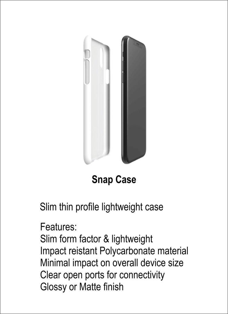 May include: A white and black phone case with a slim profile. The case is made of polycarbonate material and has clear open ports for connectivity. It is available in a glossy or matte finish.