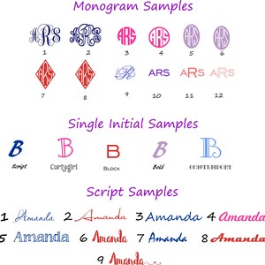 May include: A chart showing different monogram and single initial font styles. The monogram styles include a variety of fonts, colors, and arrangements. The single initial styles include script, curly girl, block, bold, and contemporary fonts. The chart also includes script samples of the name Amanda in different styles.