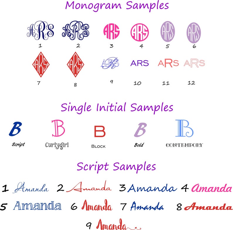 May include: A chart showing different monogram and single initial font styles. The monogram styles include a variety of fonts, colors, and arrangements. The single initial styles include script, curly girl, block, bold, and contemporary fonts. The chart also includes script samples of the name Amanda in different styles.