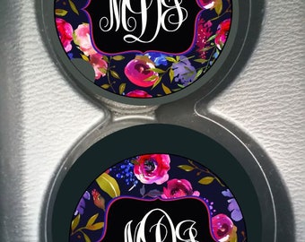 Custom Monogram Berries & Navy Flowers on Black Car Cup Holder Coaster Gift for Women Personalized Sandstone Pink Blue