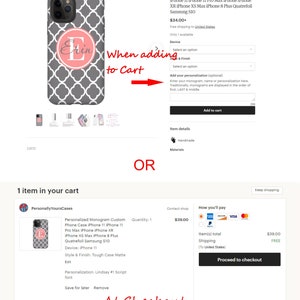 May include: A gray and pink phone case with a monogram design. The case is available for iPhone 11, iPhone 11 Pro Max, iPhone XR, iPhone XS Max, iPhone 8 Plus, and Samsung S10. The case is $34.00 and ships for free to the United States. The case is available for purchase on Etsy.