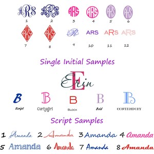 Op de afbeelding: Een witte achtergrond toont voorbeelden van monogrammen, enkele initialen en scriptlettertypen. Monogramvoorbeelden zijn onder meer ARS in verschillende stijlen. Voorbeelden van enkele initialen tonen de letter "B" in verschillende lettertypen. Scriptvoorbeelden tonen de naam "Amanda".