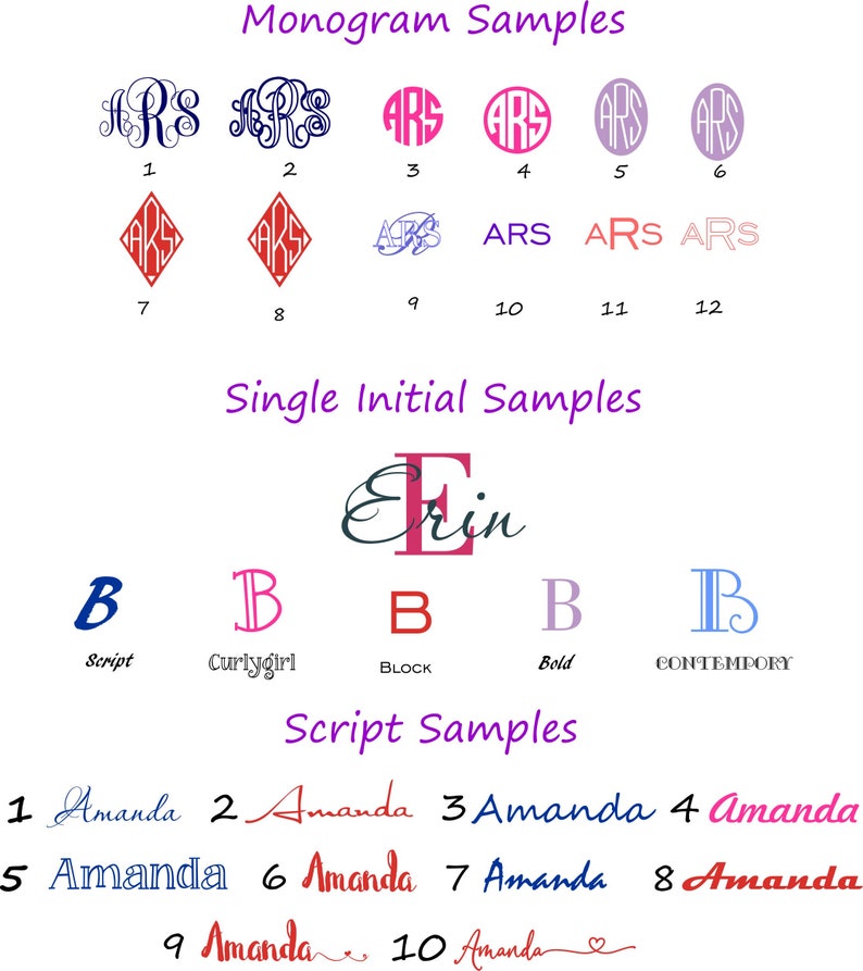 Op de afbeelding: Een witte achtergrond toont voorbeelden van monogrammen, enkele initialen en scriptlettertypen. Monogramvoorbeelden zijn onder meer ARS in verschillende stijlen. Voorbeelden van enkele initialen tonen de letter "B" in verschillende lettertypen. Scriptvoorbeelden tonen de naam "Amanda".