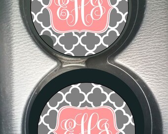 Custom Monogram Gray Quatrefoil Soft Pink  Car Cup Holder Coaster Gift for Women Personalized Sandstone