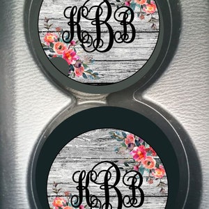 Monogram Custom Spring Breeze Flowers on gray wood  Car Cup Holder Coaster Gift for Women Personalized Sandstone