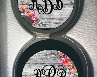 Monogram Custom Spring Breeze Flowers on gray wood  Car Cup Holder Coaster Gift for Women Personalized Sandstone