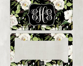 Monogram License Plate Antique White Roses with Matching Key Chain - Personalized License - Licence Tag - Custom License Frame - Car Tag