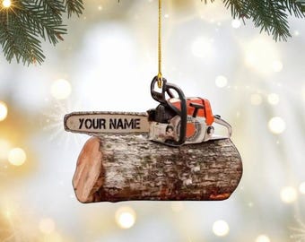 Personalized Chainsaw Christmas Ornament, Logger Gift, Wood Log Scene