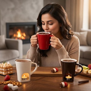 Keramische chocoladefonduemokset met theelichtverwarmer en spiesjes, een gezellige, persoonlijke fonduemok voor romantische avonden en dessertliefhebbers.