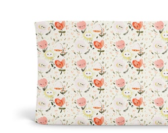 Changing Pad Cover Happy Flowers - Floral Changing Pad- Coral Changing Pad- Girl Changing Pad Cover- Minky Changing Pad- Organic