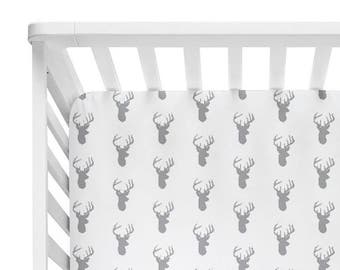 Fitted Crib Sheet Grey Deer- Grey Crib Sheet- Deer Head Crib Sheet- Organic Crib Sheet- Minky Crib Sheet- Baby Bedding-Crib Bedding-Woodland