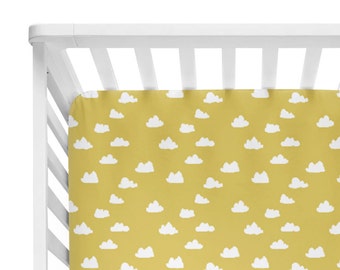 Fitted Crib Sheet Mustard Clouds- Mustard Crib Sheet- Cloud Crib Sheet- Crib Bedding- Baby Bedding- Organic Crib Sheet- Mustard Baby Bedding