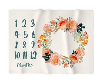 Monthly Milestone Blanket Peach Floral Greenery - Crib Blanket - Baby Blanket - Girl Baby Blanket - Monthly Counter Blanket -Baby Gift