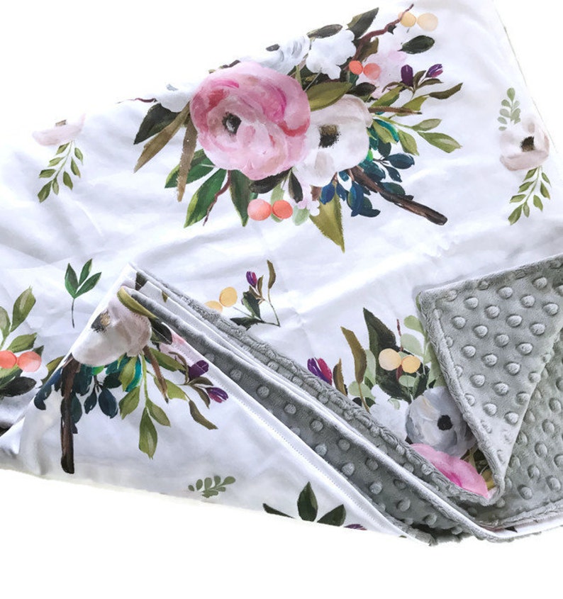 Baby Blanket Floral Baby Blanket Girl Blanket August Floral White Crib Blanket Floral Bedding Minky Blanket Floral Blanket