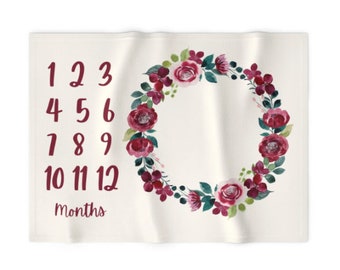 Monthly Milestone Blanket Burgundy Floral Wreath - Crib Blanket - Baby Blanket - Girl Baby Blanket - Monthly Counter Blanket -Baby Gift