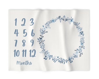 Monthly Milestone Blanket Blue Vintage Floral Wreath - Crib Blanket - Baby Blanket - Girl Baby Blanket - Monthly Counter Blanket -Baby Gift