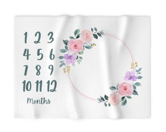 Monthly Milestone Blanket Lilac Peach Floral Wreath - Crib Blanket - Baby Blanket - Girl Baby Blanket - Monthly Counter Blanket -Baby Gift