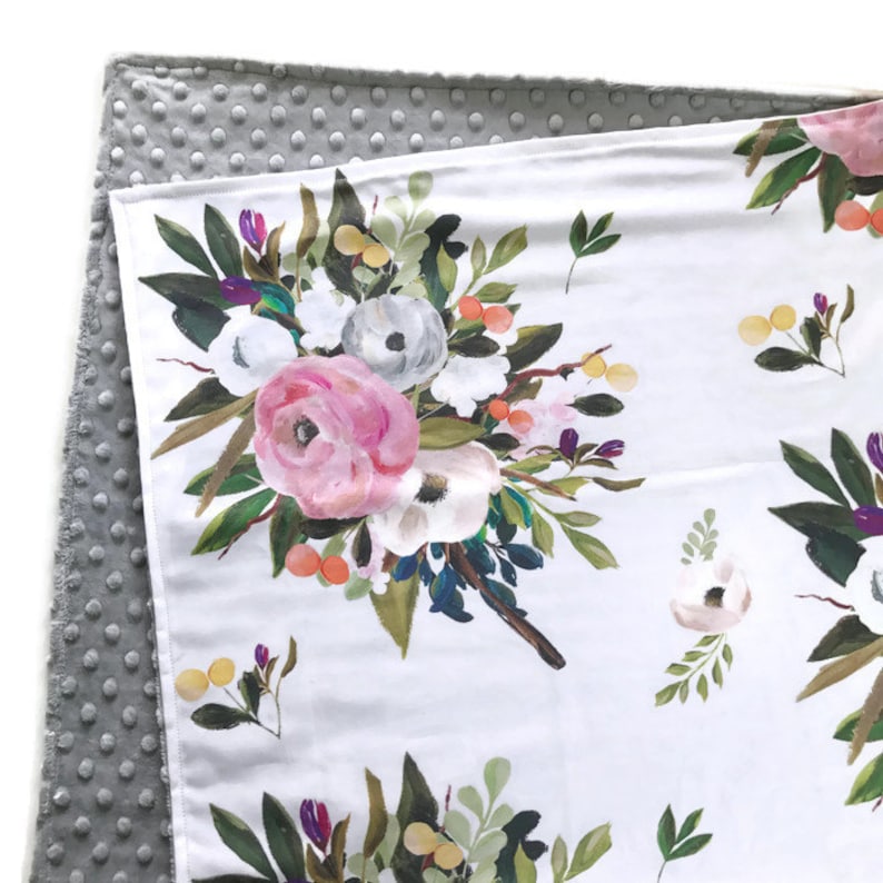 Baby Blanket Floral Baby Blanket Girl Blanket August Floral White Crib Blanket Floral Bedding Minky Blanket Floral Blanket