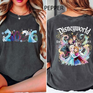 K&ouml;nnte beinhalten: Dunkelgraues T-Shirt mit einer farbenfrohen Grafik von Frozen-Charakteren und dem Jahr 2016 auf der Vorderseite. Auf der R&uuml;ckseite des Shirts steht "Disneyworld Est. 2013" mit weiteren Frozen-Charakteren.