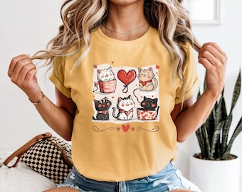 Happy Valentines Cat Shirt, Women's Cat Lover Gift, Valentine Heart Romantic Kittens Tee