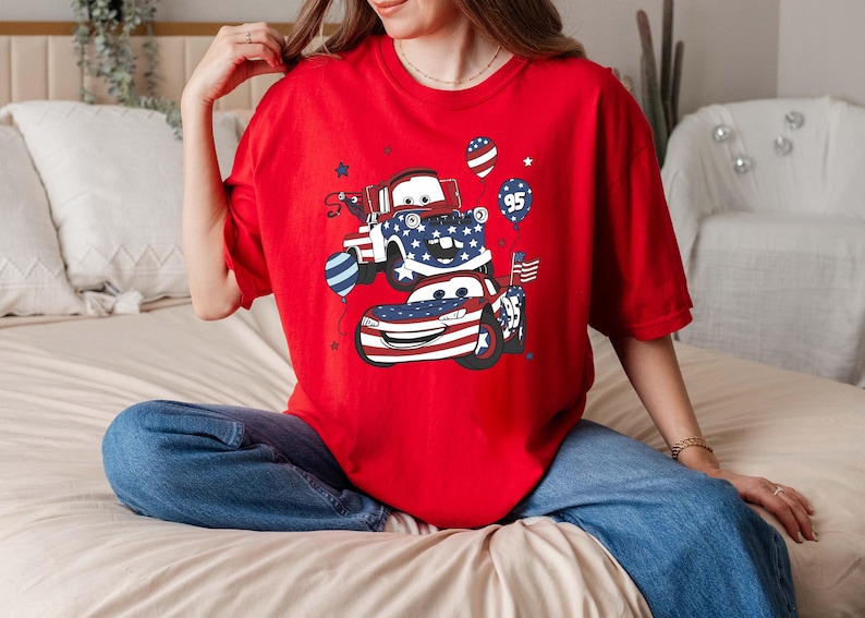 Disney Pixar Cars USA Flag Shirt, Tow Mater Lighting Mc Queen 4th Of July Shirt, Independence Day Tee, Patriotic Disney Trip Shirt
