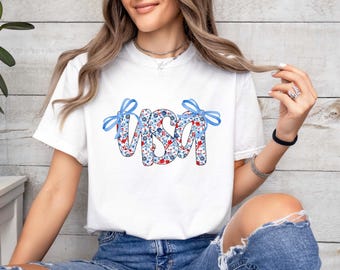 Comfort Colors® Coquette USA Shirt, 4th of July Shirt Women, Stars Stripes USA Flag Shirts, Floral Patriotic Shirt, Red White Blue