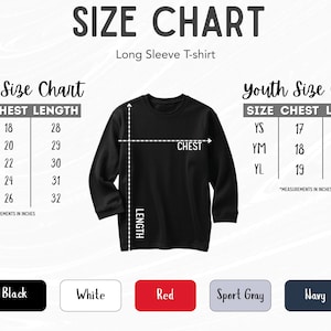 The image is a size chart for a long sleeve t-shirt, showing the size chart for adult and youth sizes.