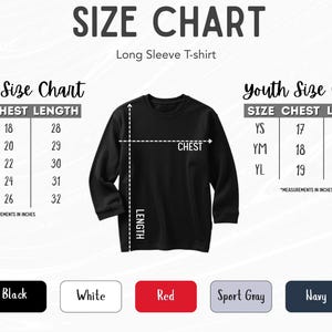 The image is a size chart for a long sleeve t-shirt, showing the size chart for adult and youth sizes.