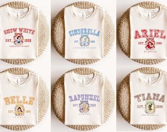 ディズニープリンセスエストシャツ、プリンセスアリエルシンデレラベルアナスタシアオーロラシャツ、ディズニーファミリーシャツ、ガールズトリップ